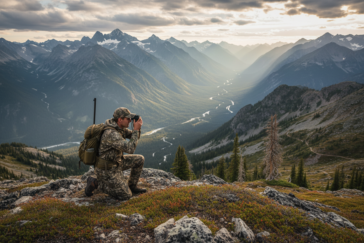 hunter overlooks mountain range and is looking through a range finder.