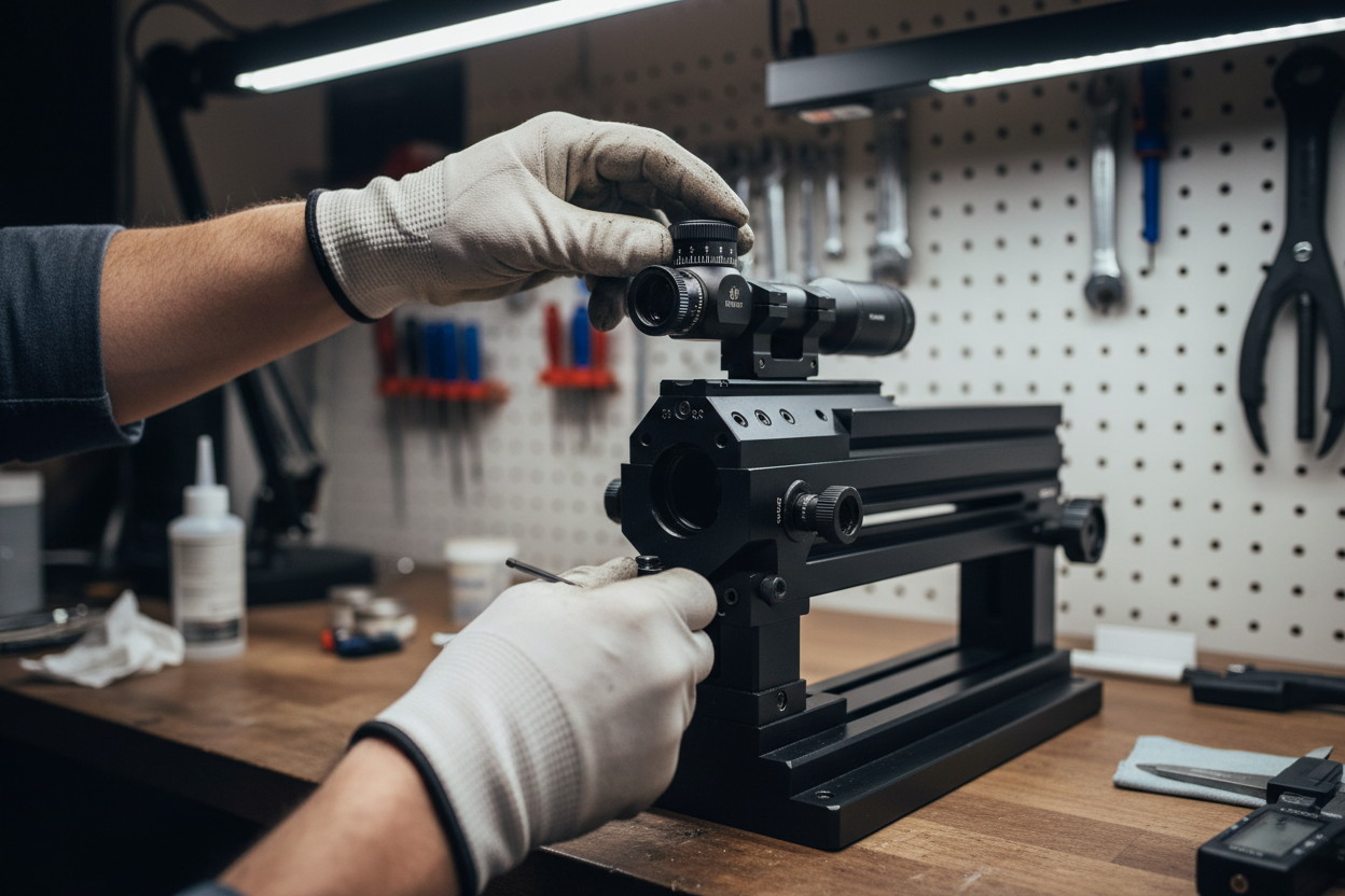 Rifle scope sitting on a stand in a workshop. Hands are installing a turret on top of the the rifle scope.